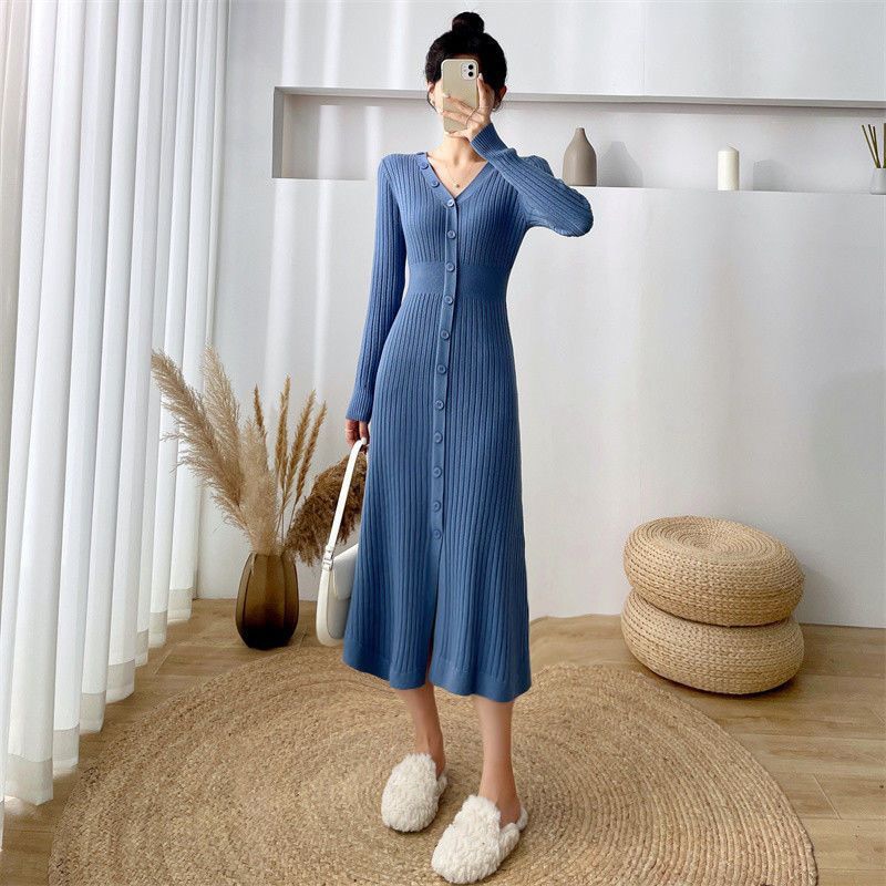 Xinrong lucyever thanh lịch dệt kim Đầm dài cho phụ nữ sang trọng Hàn Quốc nút ôm vừa Đầm midi thời trang đường phố cho nữ V cổ bên vestidos