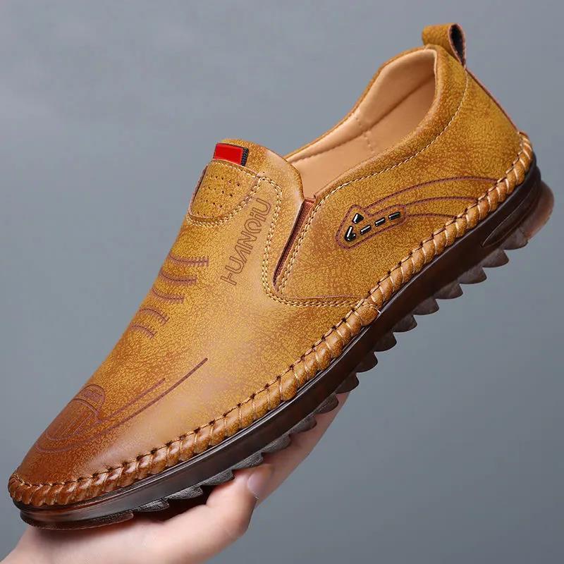 *Giày đen trượt trên manschool shoes big sizemen s leather shoes 2022 spring new pure hand-stitched thick non-slip bee