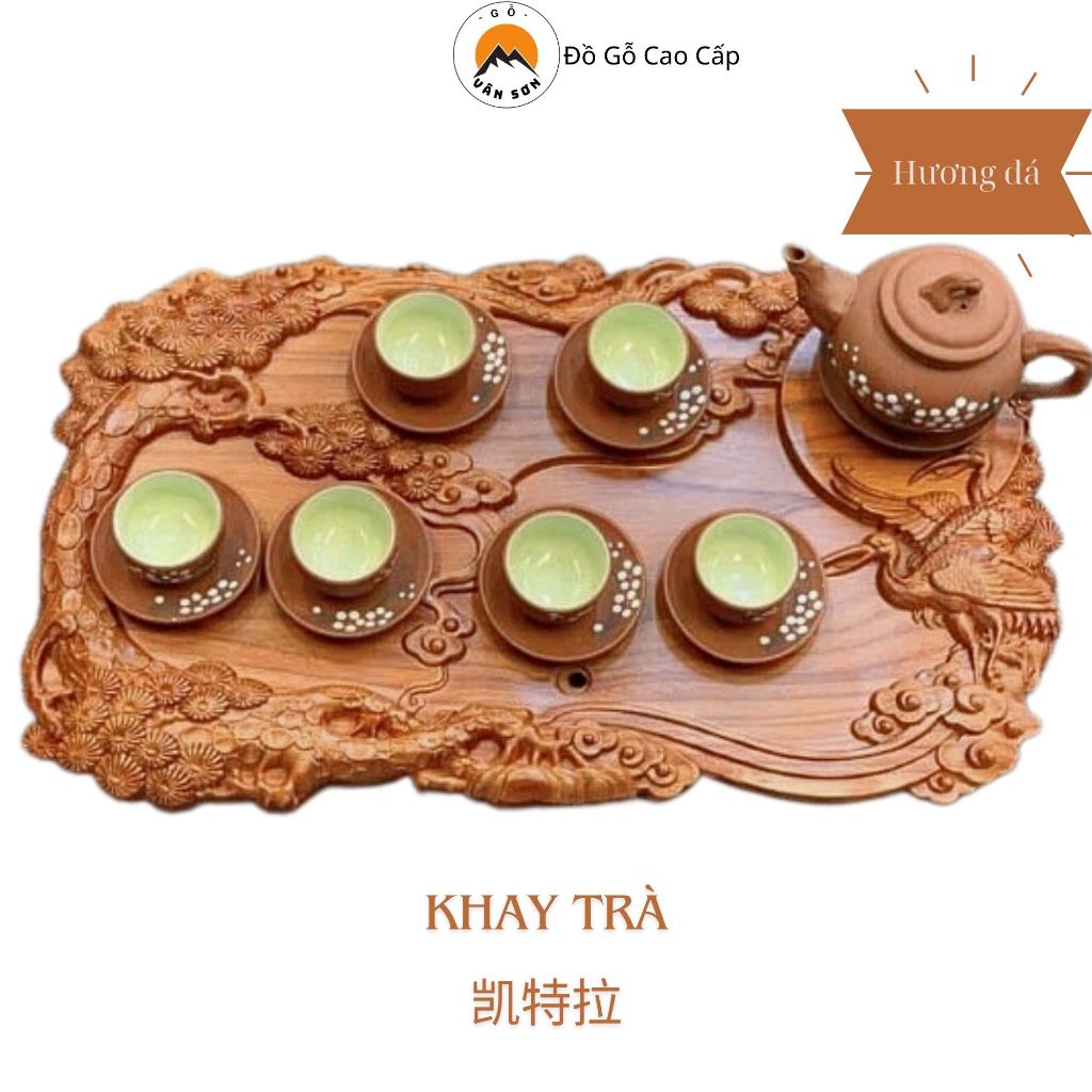 Khay trà gỗ hương nguyên khối trạm khắc tùng hạc- VS503