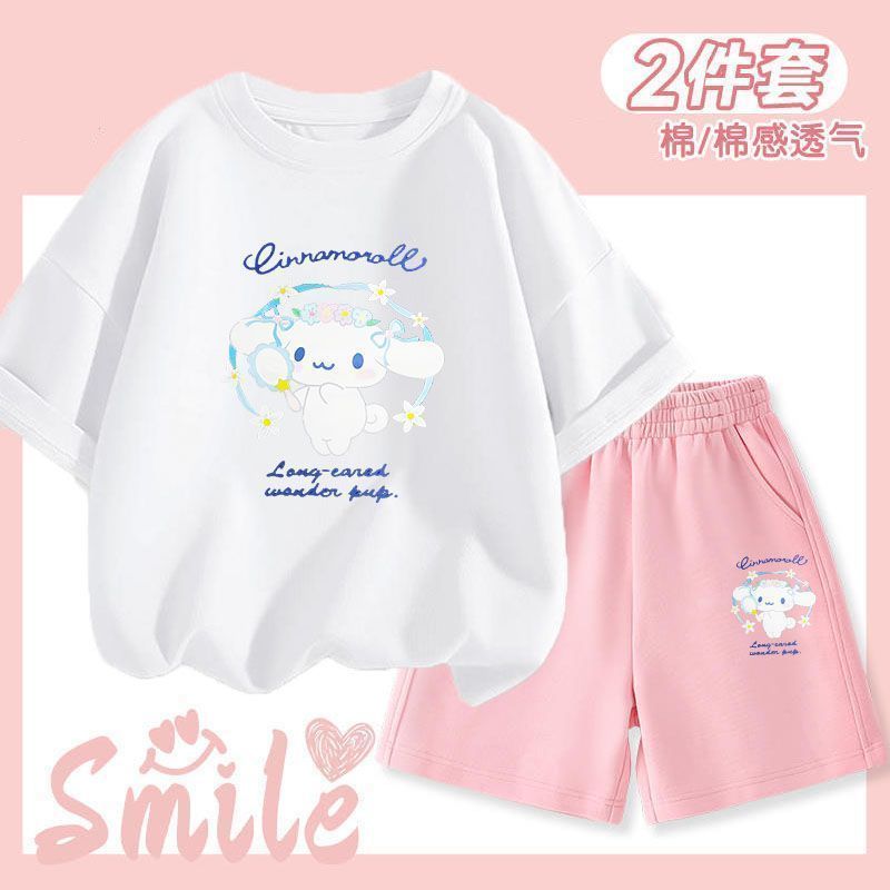Baby Girls Cinnamoroll Short Sleeve + Shorts Two-piece Set Age 1 To 12 Years Children's Suit Cute Five-part Pants Two-piece Set Cartoon Pattern - 2