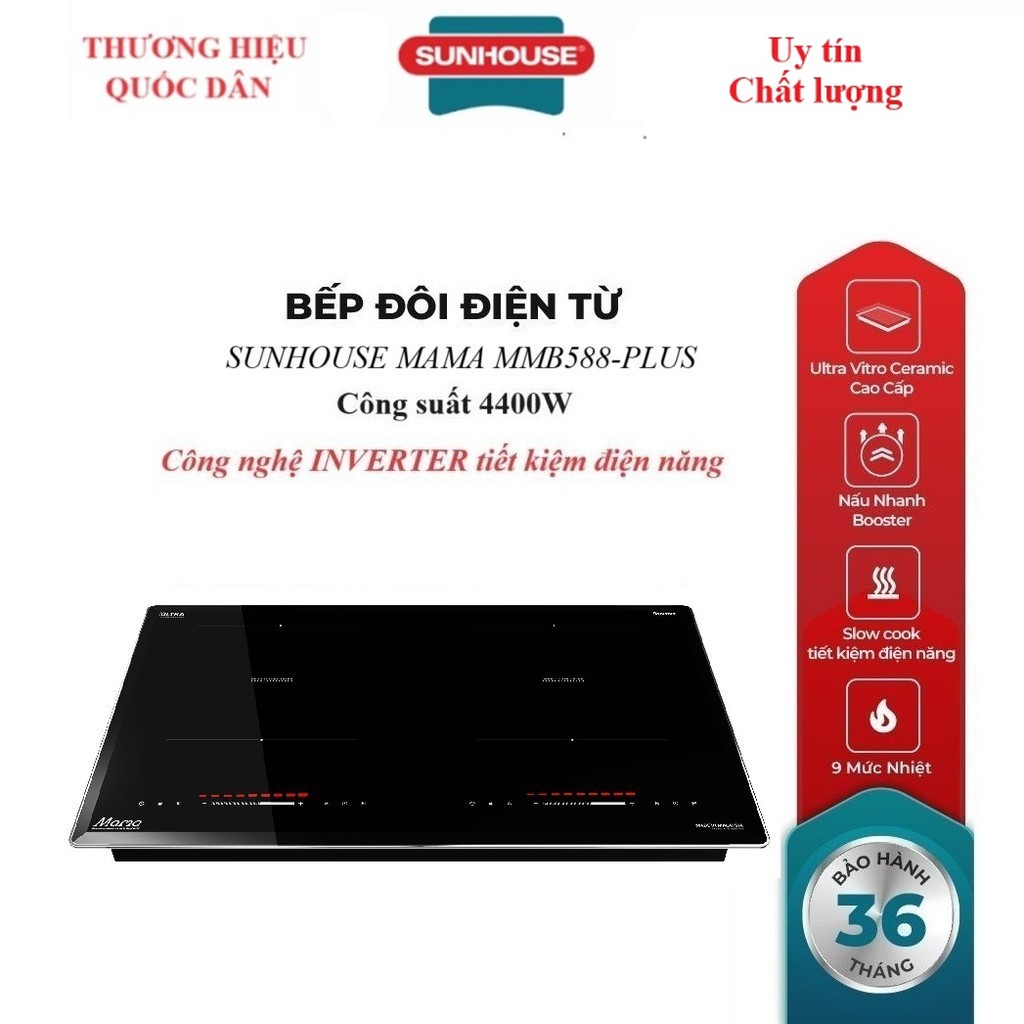BẾP ĐÔI ĐIỆN TỪ SUNHOUSE MAMA MMB588-PLUS - Booster nấu nhanh - 9 mức chỉnh, có tính năng slow cook