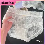 Clemine Quần lót ren phong cách Pháp mới cho nữ, không vết nối, kháng khuẩn, đệm cotton, thắt lưng trung bình, thoáng khí, mềm mại, trong suốt