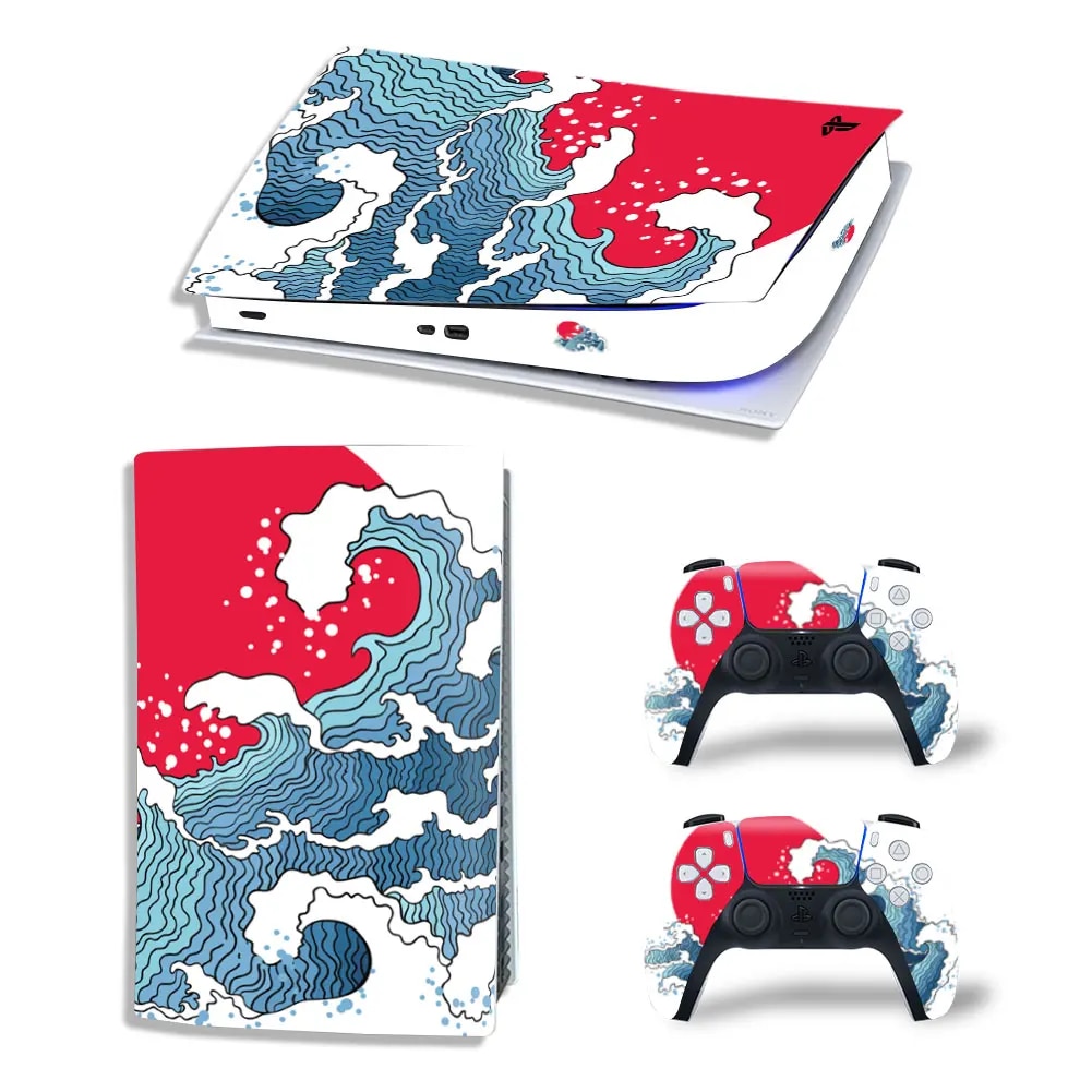 【Clearance Markdowns】 For Ps5 Digital Edition Console And 2 Controllers Skin Sticker Waves Design Protective Vinyl Wrap Cover Full Set