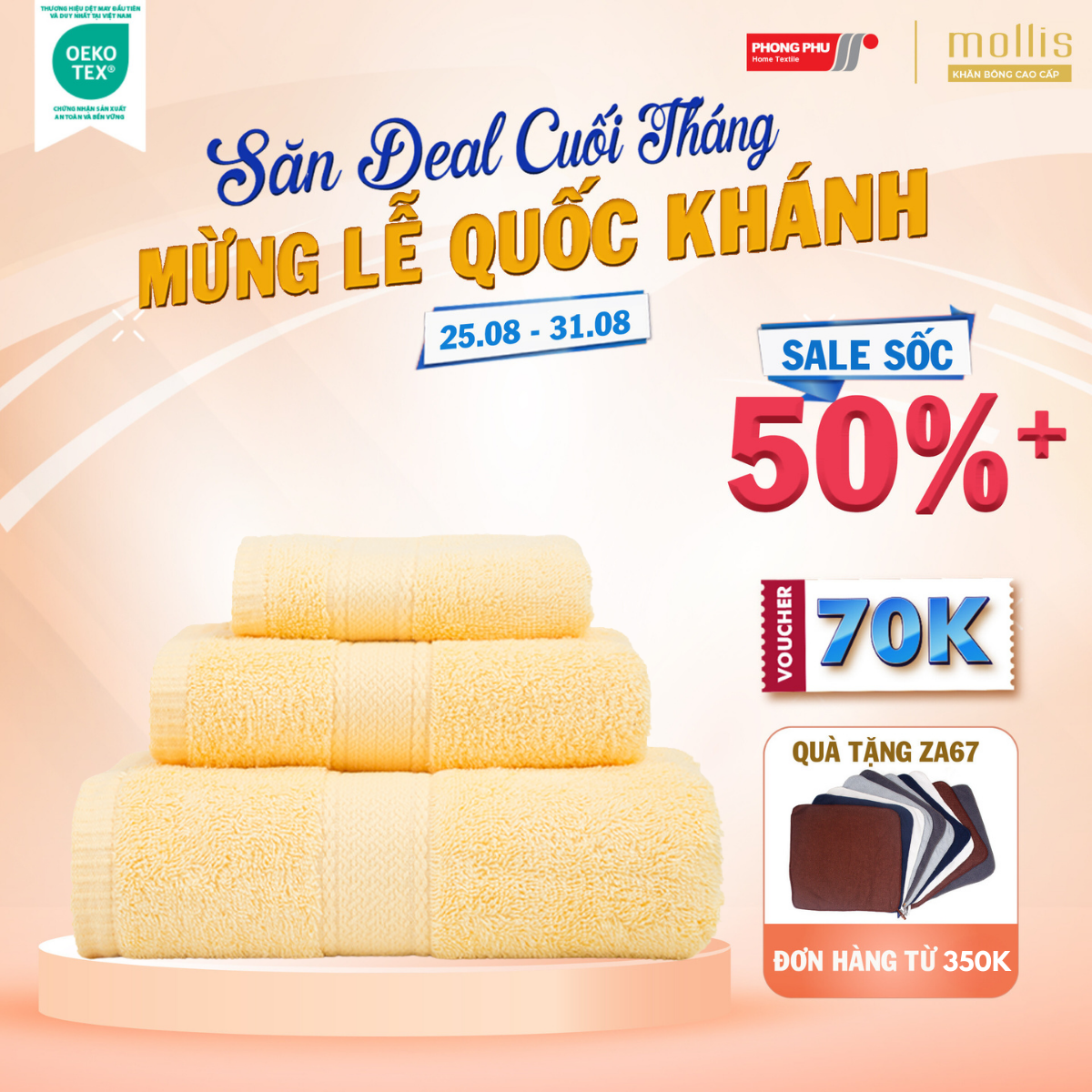 Bộ 3 khăn mollis cotton gồm 1 khăn tắm b853 và 1 khăn mặt fm61 và 1 khăn tay hm50 cao cấp mềm mịn pc35