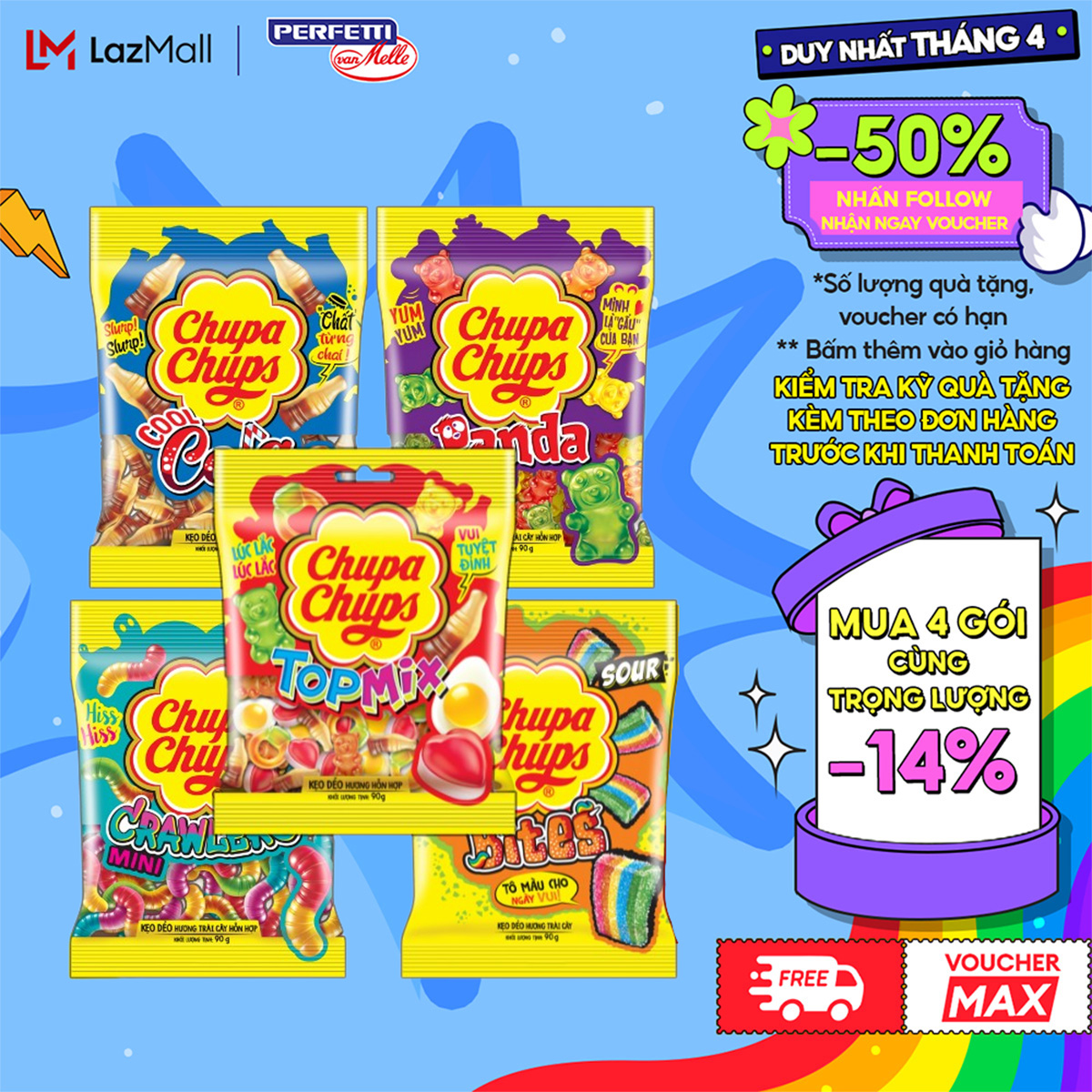 Kẹo dẻo Chupa Chups (Gói 56g/90g/160g) hương trái cây hỗn hợp, hương cola mang đến vị ngọt, vị chua và đa dạng hình dáng