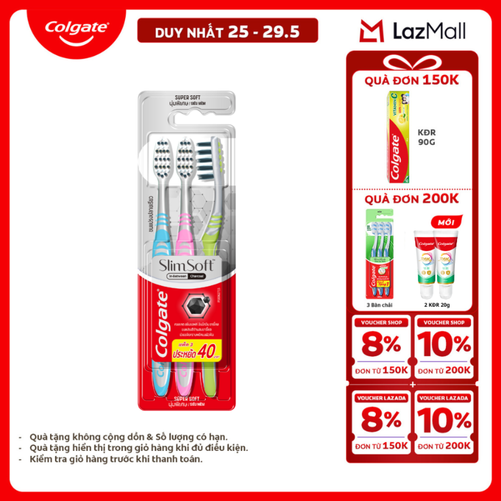 [Chỉ 25-29.5_X2 Voucher giảm 20%] Bàn chải Colgate Slimsoft lông chải mềm mảnh xen sợi phủ than hoạt tính