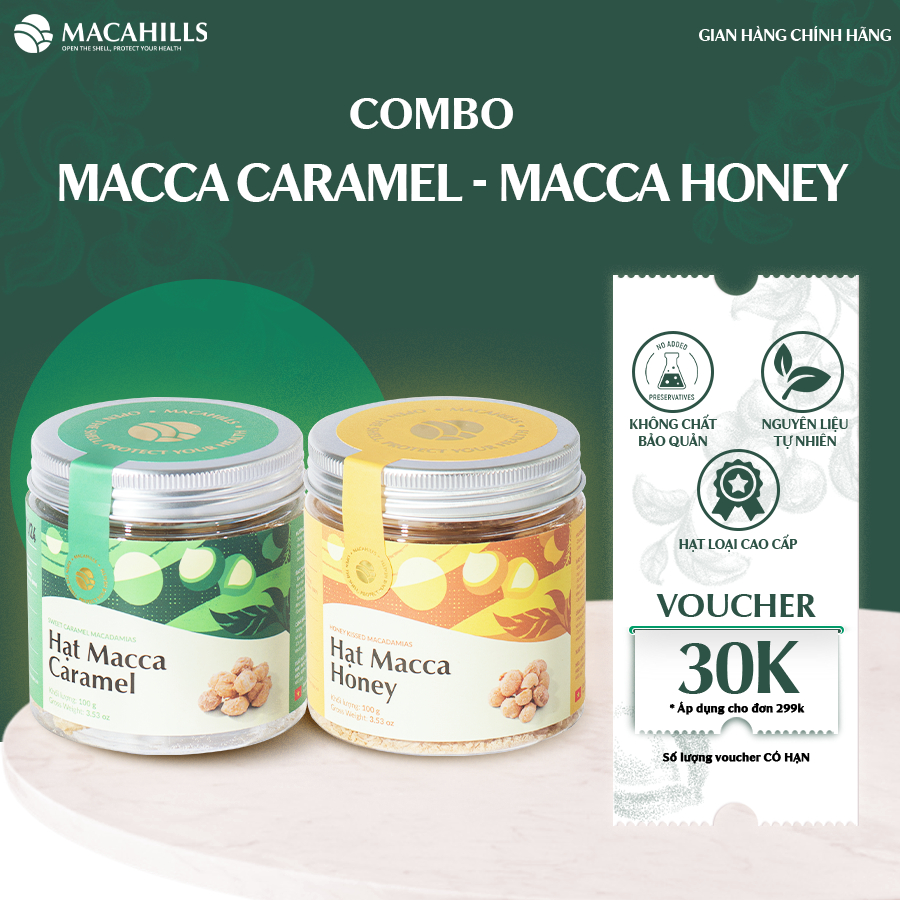 Combo 2 hộp Macca Caramel và Macca Honey thơm béo giòn tan khó cưỡng hộp 100gr