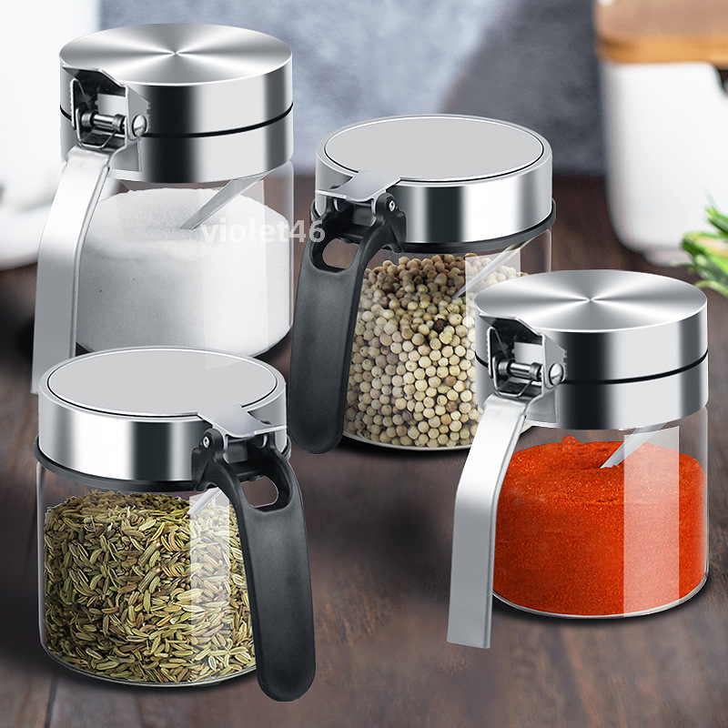 Hộp Gia Vị Thủy Tinh, Lọ Gia Vị, Lọ Muối Tiêu, Nắp Inox Có Thìa, Bếp Gia Dụng Cỡ Lớn