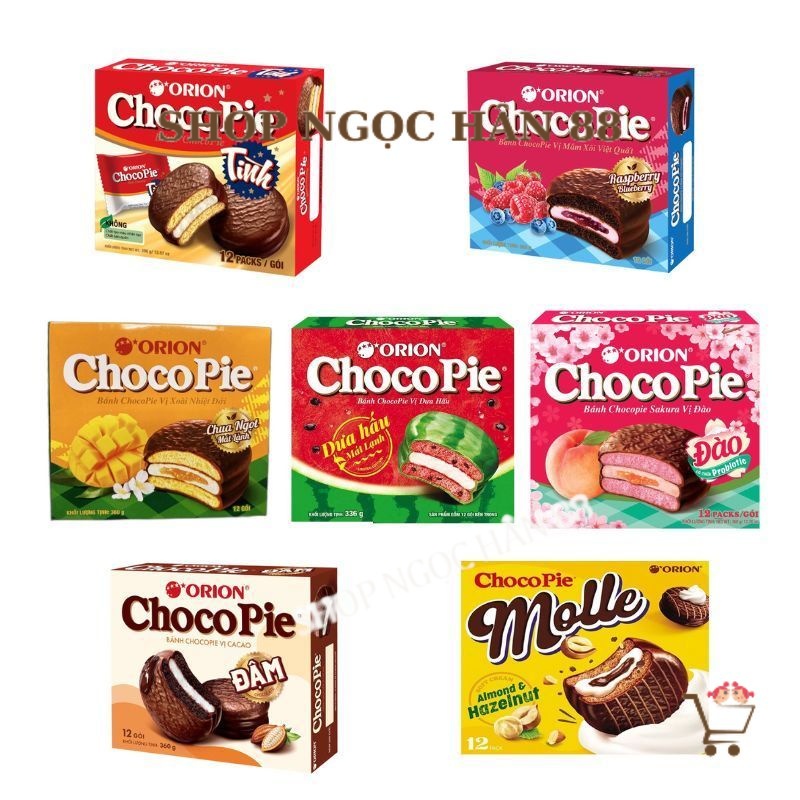 Bánh ChocoPie Orion Tình, Dưa hấu, Xoài, Việt quất, Đậm, Đào, Hạnh nhân hộp 396g