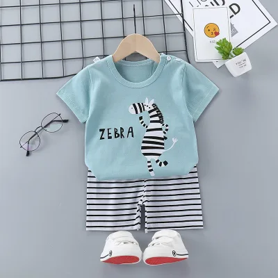 Boys Short Sleeve Zebra Outfits 2Pcs Set Children Kids Cotton T-shirt Tops + Shorts Summer Casual Clothes Set [S091]