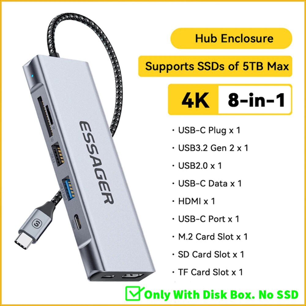 Essager Bộ chia USB Type-C Với Đĩa Chức Năng Lưu Trữ 8 Trong 1 USB C Để ổ SSD SATA HDD Máy Tính Xách
