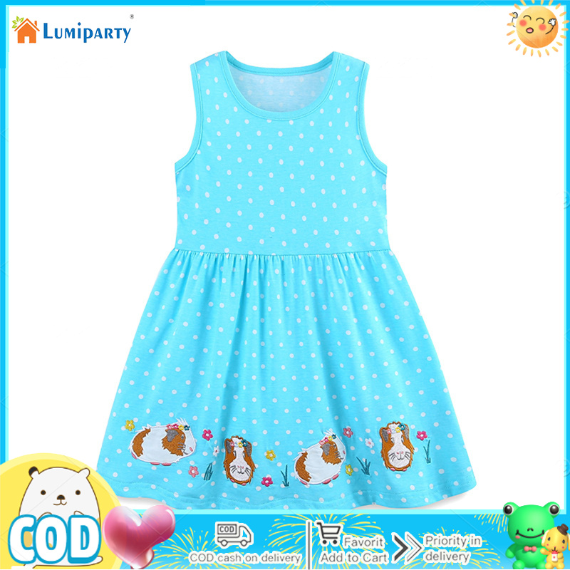 Girl Summer Beach Dress Round Neck Sleeveless Casual Tank Outfit Sundress Cotton Polka Dot Skirt ราคา 219 บาท*ส่งฟรี