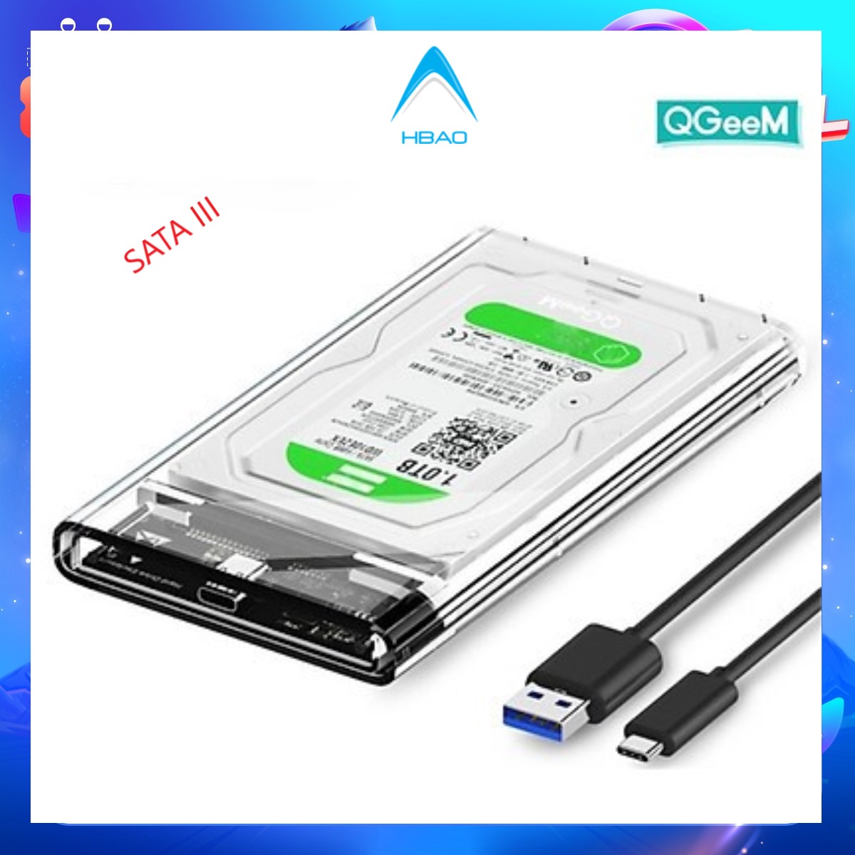 Hộp đựng ổ cứng HDD SSD 2.5 QGeeM Trong suốt Gen2 cổng USB C 3.1