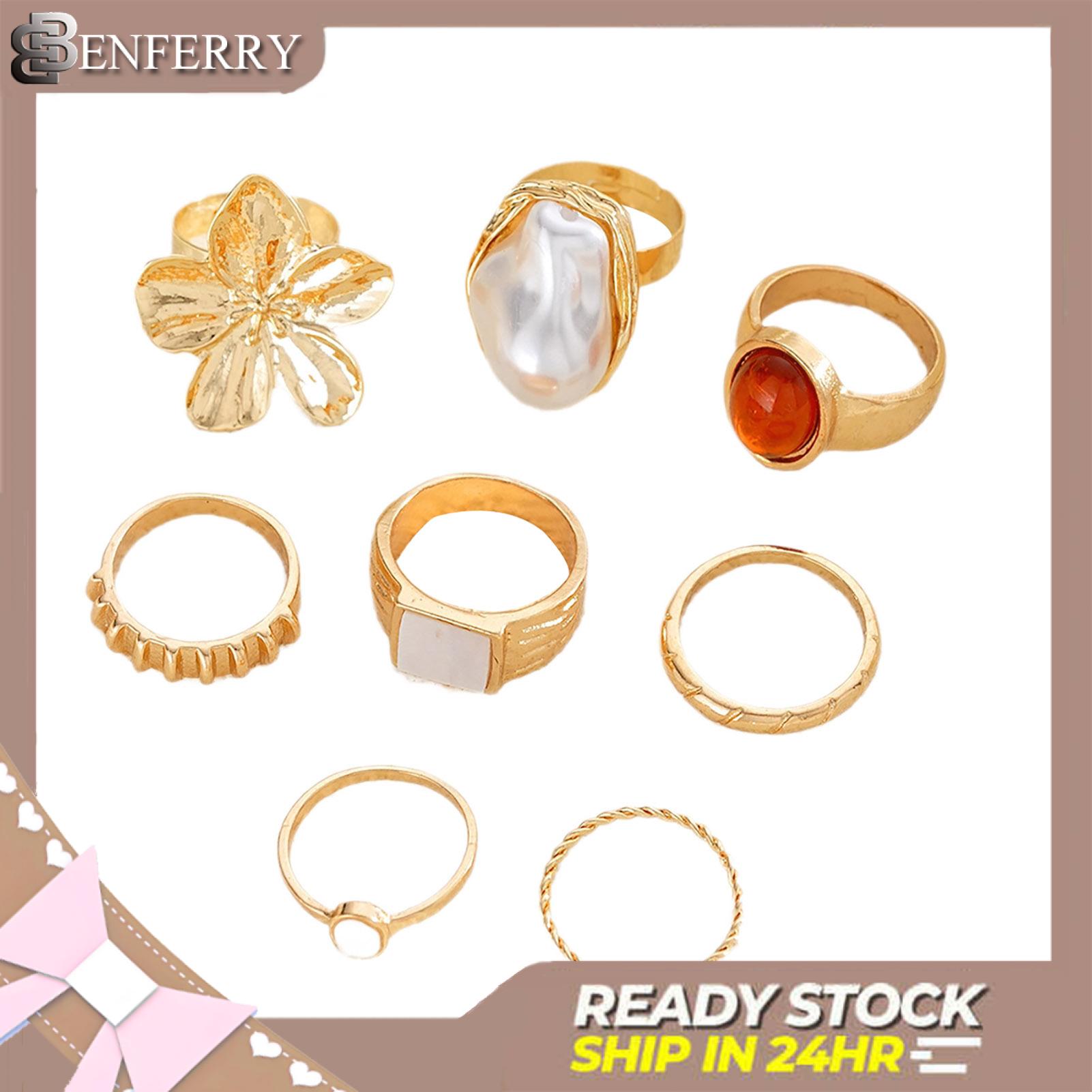 Benferry Tinh Tế Thủ Công Nhẫn Nhẫn thời trang Thiết Lập 8Pcs Phụ Nữ nhẫn có thể xếp chồng lên nhau Thiết Lập hoa thanh lịch ngọc trai giả Đá Quý phong cách cổ điển Đồ Trang Sức Cho Các Bên Ngày Quà Tặng-thời trang theo xu hướng Phụ Kiện Cho Châu Á