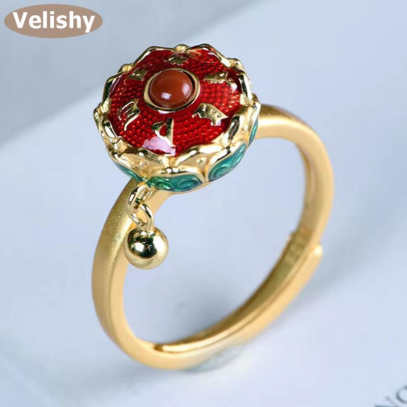 Velishy Thiết Kế Mới Retro Sáu Nhân Vật Thần Chú Spinner Vòng Đơn Giản Sáng Tạo Trung Quốc Phật Nhẫn Cho Phụ Nữ Có Thể Điều Chỉnh Nhẫn