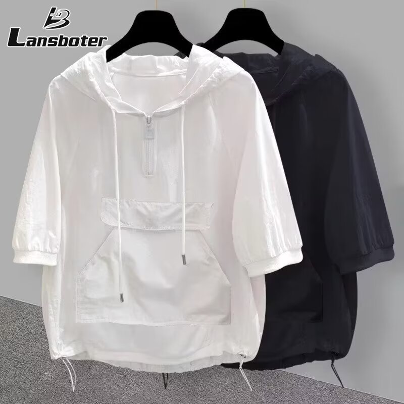 Lansboter áo hodie áo khoác hoddie áo hoodie đi học sweater áo thu đông Áo phông nam mùa hè trùm đầu Ngắn Tay Áo thun nam thời trang túi lớn chắp vá lỏng lẻo áo tay ngắn sinh viên thanh thiếu niên thanh thiếu niên mặc đến trường
