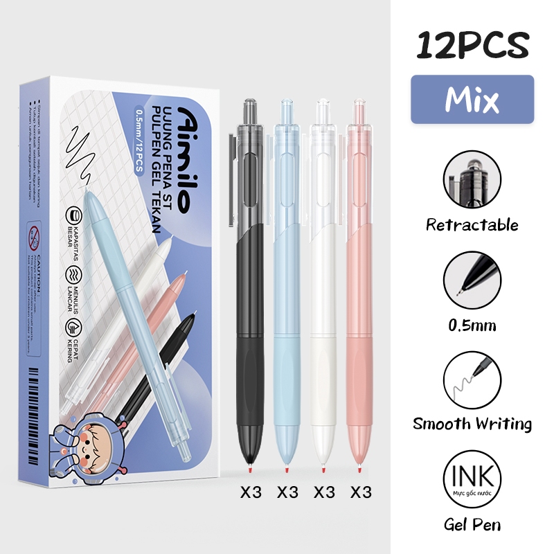 [READY] Aimilo Gel Pen Isi 12PCS Pulpen Gel Retractable 4 Warna 0.5mm