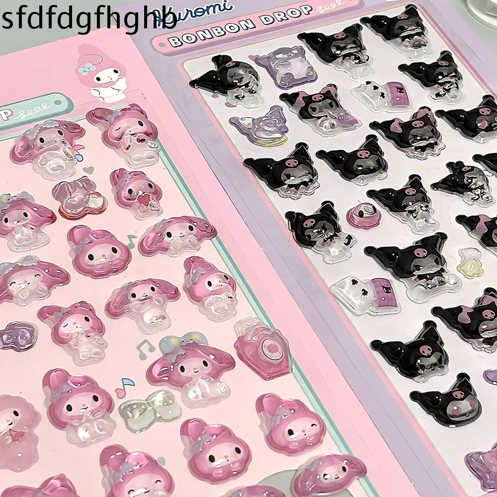 SFDFD 6pcs/set Tự làm Tem nhãn 3D pha lê Phim hoạt hình Kuromi. Nhãn dán giai điệu Đồ chơi giáo dục cho trẻ em Chống rách Nhãn dán Cinnamoroll Quà sinh nhật