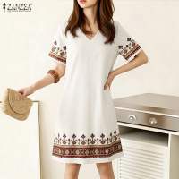 Zanzea phong cách Hàn Quốc Phụ Nữ Thanh Lịch in dân tộc Dresses v-cổ tay ngắn dài đến đầu gối ăn mặc #0601