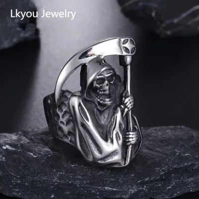 Lkyou New Personality Retro Grim Reaper Ring Domineering Grim Reaper S-i-c-k-l-e Skull Men's Ring Motorcycle Ring Punk Ring Hip Hop Ring Party Ring