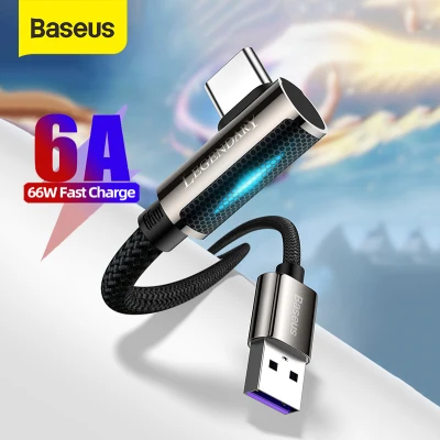 Baseus 6A USB Type C Cable for Huawei P40 P30 66W Supercharge Quick Charge 3.0 USB C Cable 90 Degree Elbow LED Display Fast Charging Game Cable