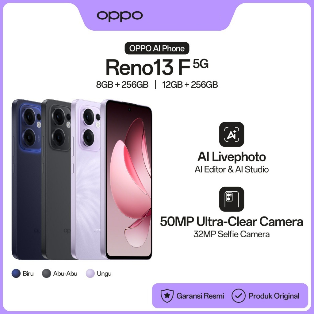 OPPO Reno13 F 5G [8/256 GB] [12/256 GB] - AI Livephoto, 50 MP Ultra-Clear Camera Harga 5,699,000 rupiah*Gratis Ongkir