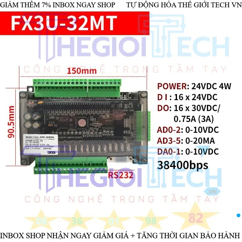 Bộ lập trình điều khiển công nghiệp PLC FX3U 6AD 2DA 30MR 32MT 16 ngõ vào X, 16/14 ngõ ra Y RS232 38400bps RS485 modbus - FX3U-32MT