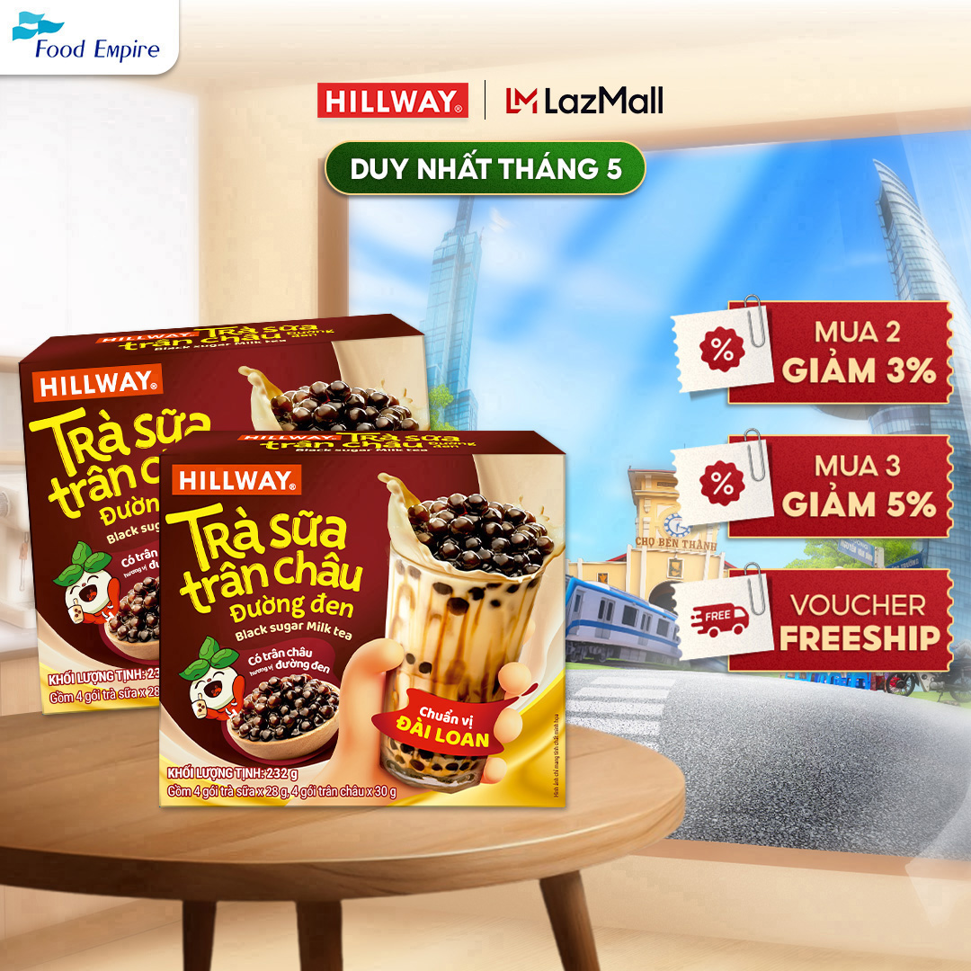 Combo 2 Trà sữa trân châu đường đen Hillway (4 gói trà sữa (28g) và 4 gói trân châu(30g)