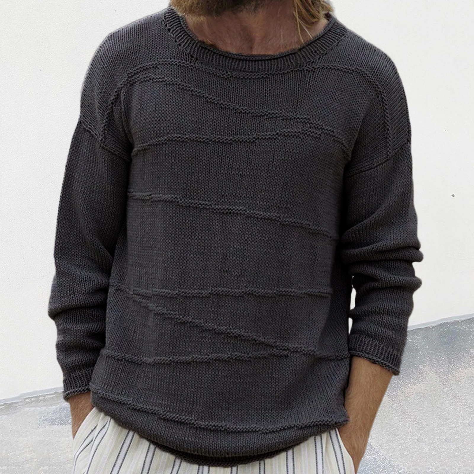 Men Solid Color Sweater Ribbed Cuff Sweater Cozy Men's Winter Sweater Loose Fit Ribbed Cuffs and O-neck Design Perfect771_voghion.com