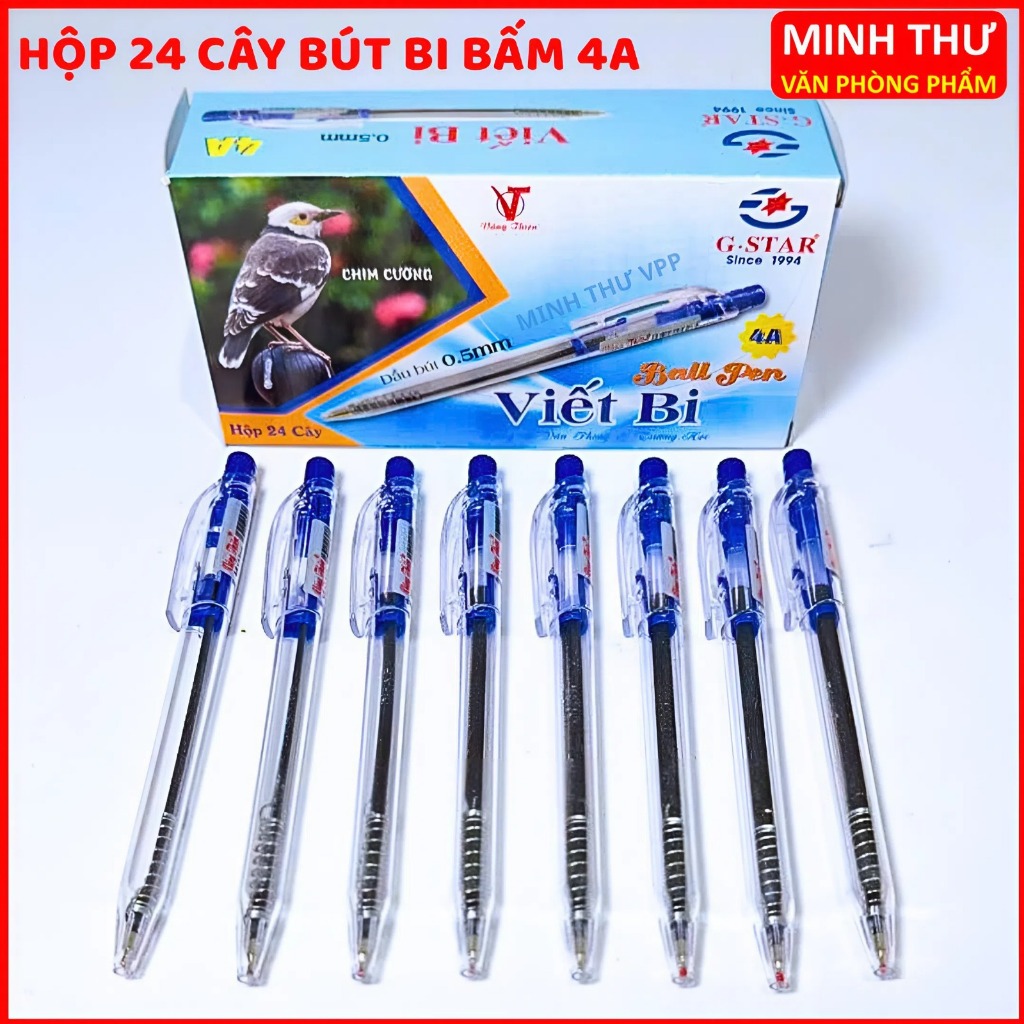 Hộp 24 Cây Bút Bi Ấn Độ Mực Xanh Ngòi 0.5mm Bút Bi Bấm Gstar 4A Viết Êm Mực Đều Cho Học Sinh Sinh Viên Văn Phòng