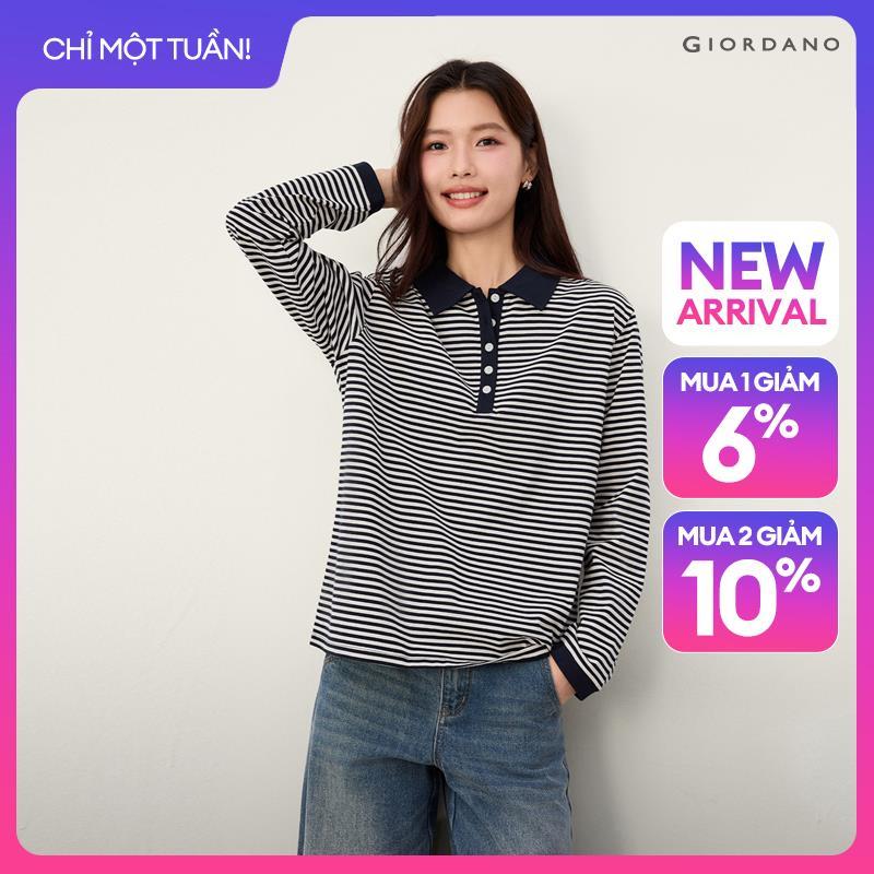 GIORDANO Women Polo Shirts Striped Contrast Half Placket Polo Shirts Long Sleeve Fashionable Casual Cotton Polo Shirts 13316614