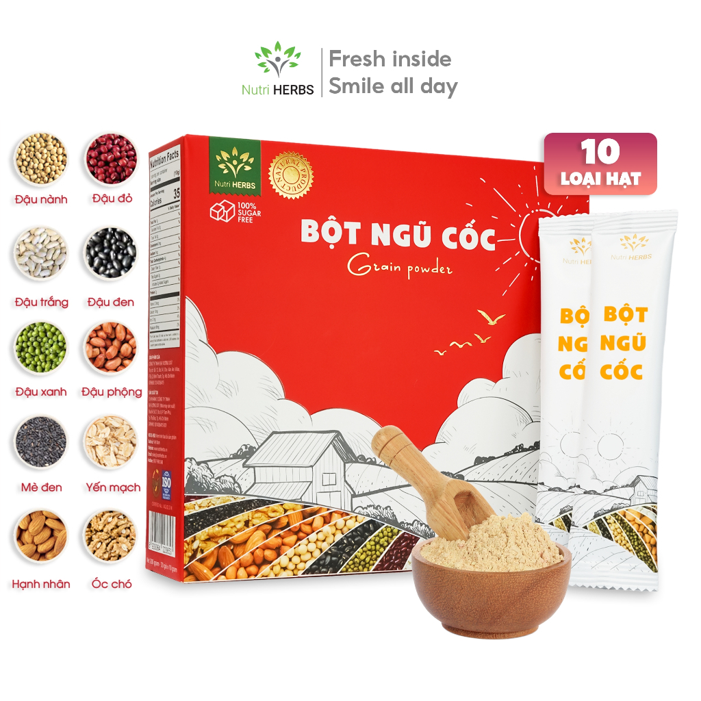 Bột Ngũ Cốc Đa Hạt Nutri HERBS Nguyên Chất Organic Không Đường - 200g x 20 Gói - Tặng Mật Ong