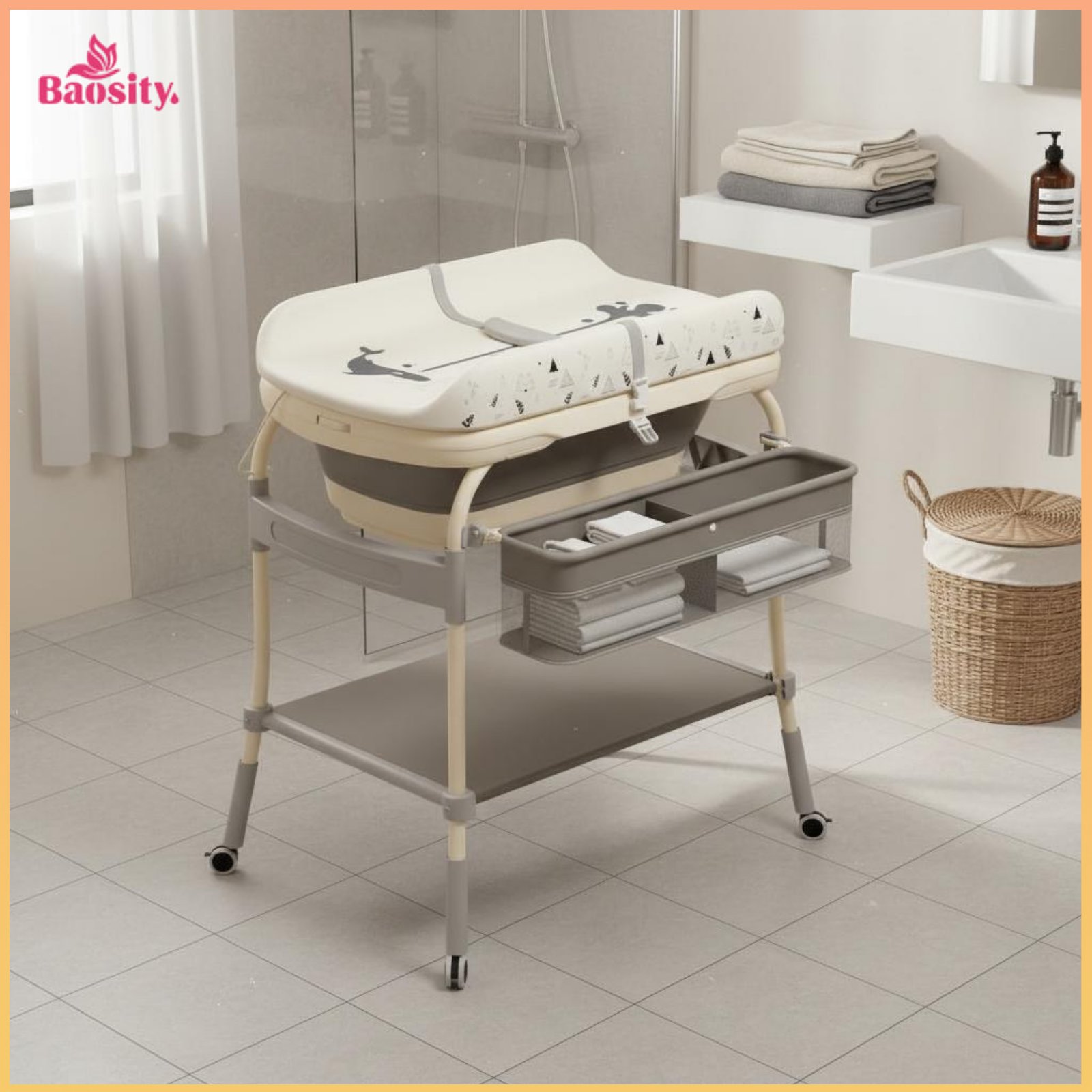 Baosity Wheeled Multifunction Baby Changing Table Height Adjustable Mobile Changing Table Foldable Baby Care Station with Bath Basin Easy to Clean for Newborns ราคา 11,080 บาท*ส่งฟรี