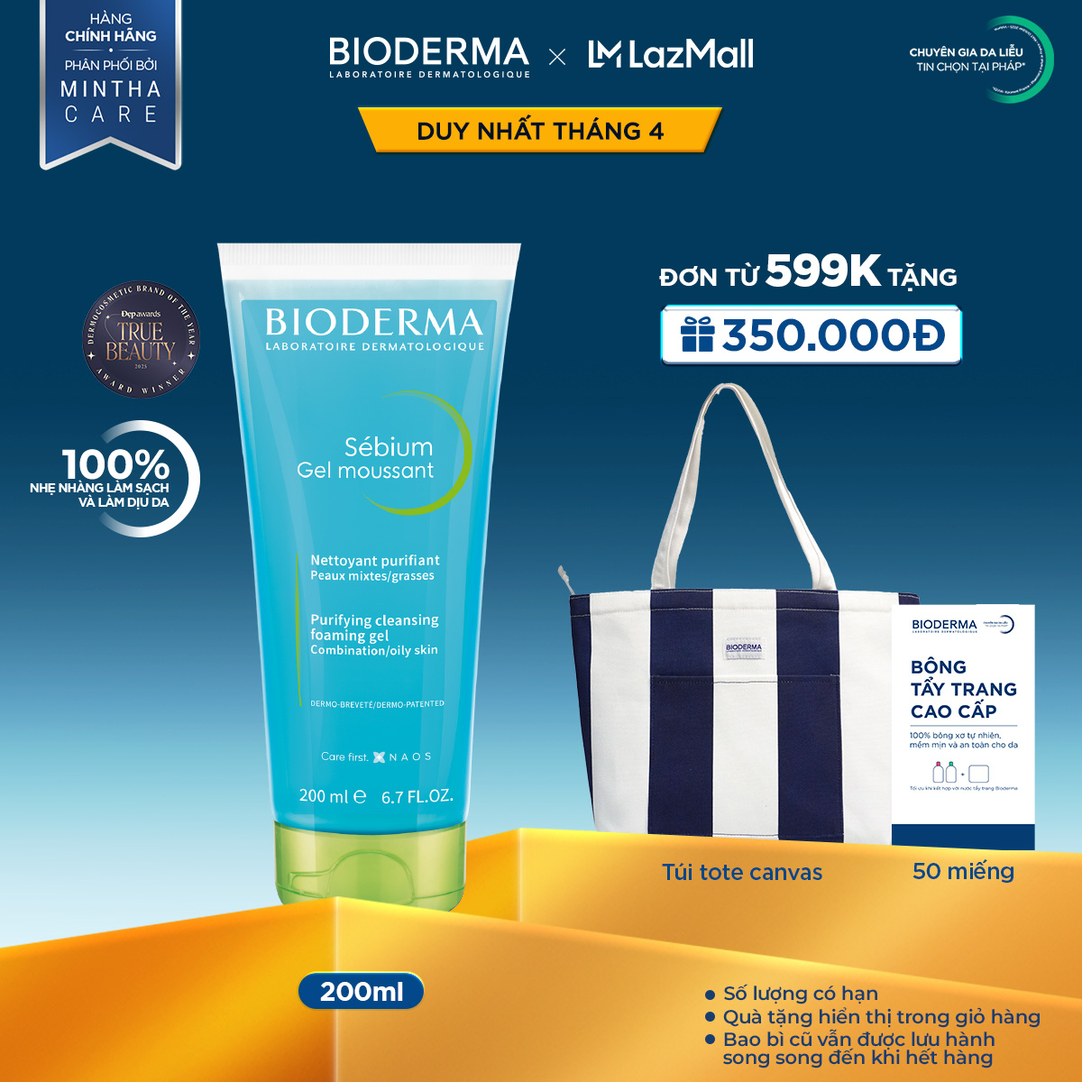 Gel rửa mặt tạo bọt cho da hỗn hợp và da dầu Bioderma Sebium Gel Moussant - 200ml (dạng tuýp)