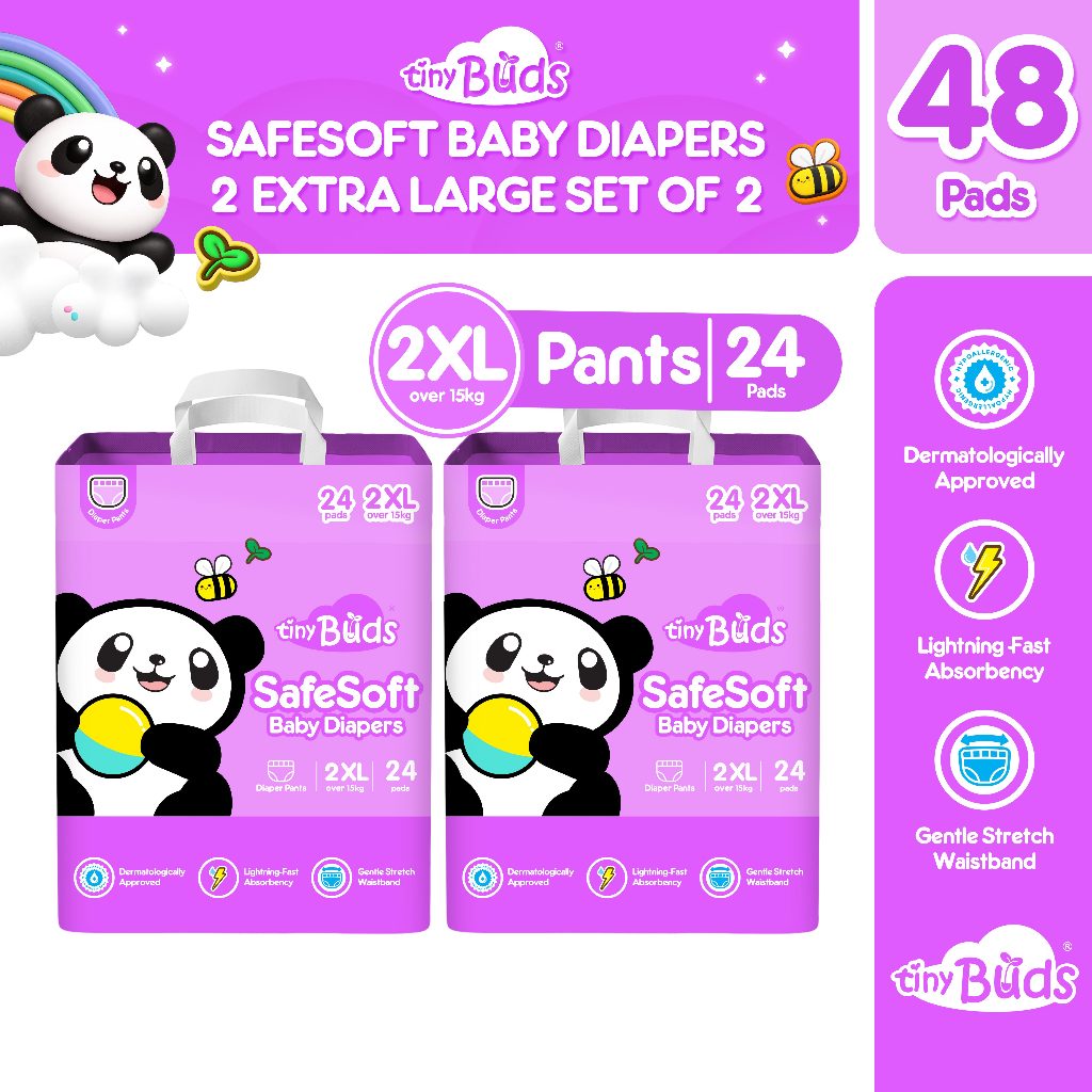 Tiny Buds Baby SafeSoft Pants Diaper Double Extra Large 2XL over 15kg (Set of 2 ) | Hypoallergenic Double Leak Guard