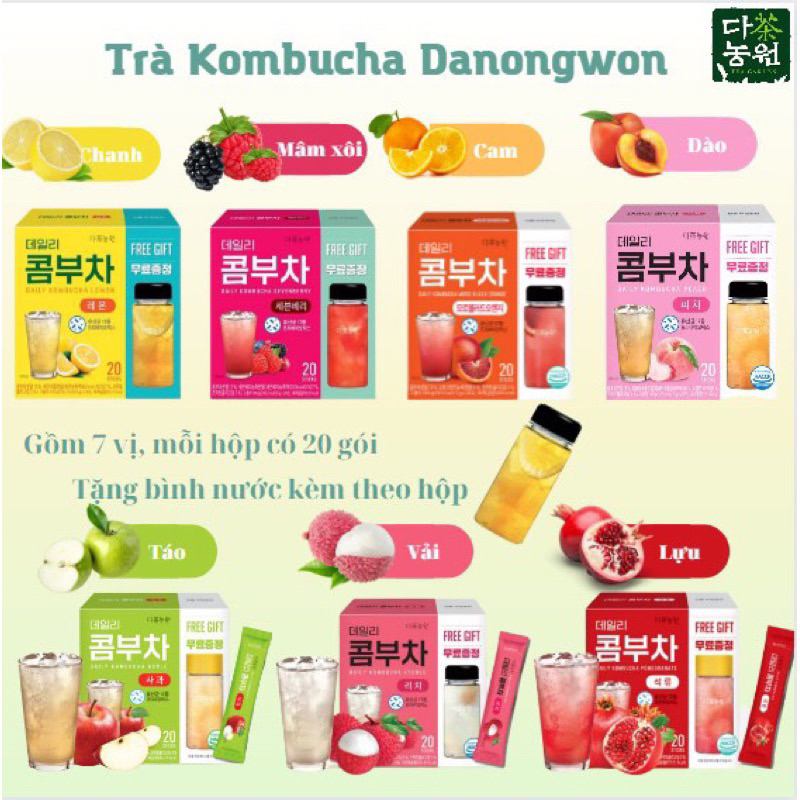 Trà Kombucha Danongwon nhập khẩu Hàn Quốc vị trái cây hộp 20 gói tặng bình
