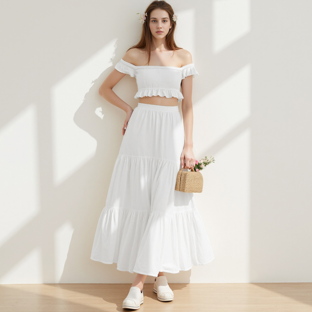 Closet Crush ชุดสำหรับผู้หญิงฤดูร้อนที่สง่างามธรรมดาสตริง Selvedge แขนสั้นปิดไหล่เสื้อ Maxi เอวสูง A-Line กระโปรงออกเดทชุด B250422 ราคา 457 บาท*ส่งฟรี