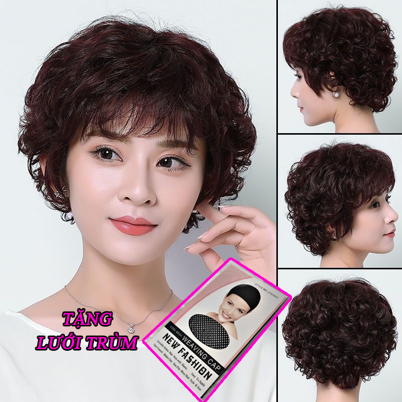 Tóc giả trung niên xoăn ngắn Tóc giả nguyên đầu S07TN02 Tóc trung niên Tóc giả ngắn xoăn