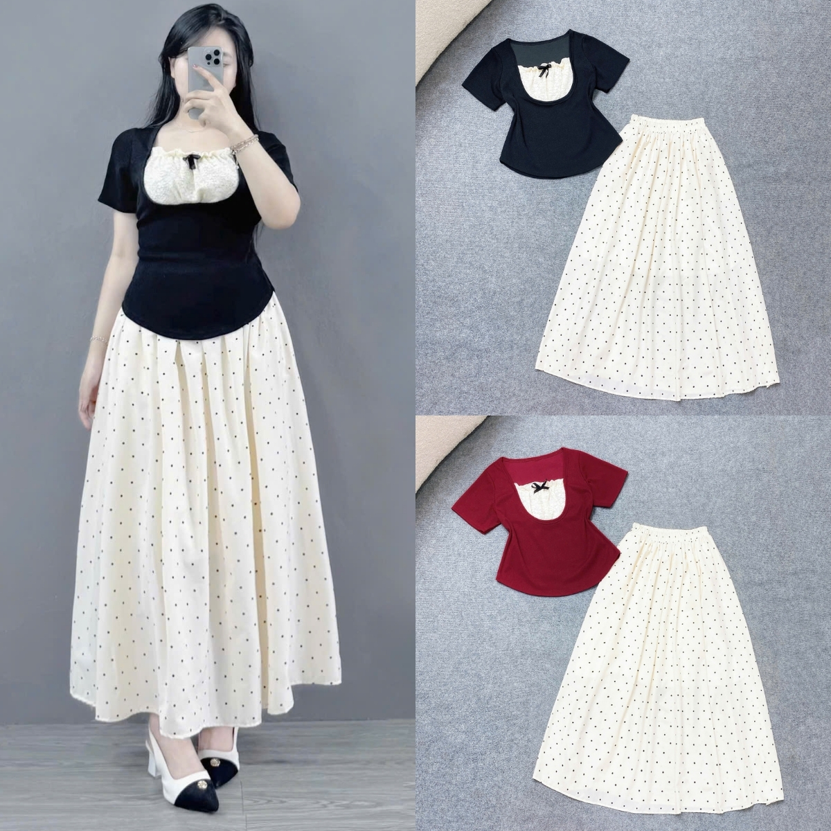  Set váy tiểu thư bigsize nữ áo thun tay ngắn phối ren kèm chân váy họa tiết chấm bi chất lụa mềm lưng thun - G264+CV422 