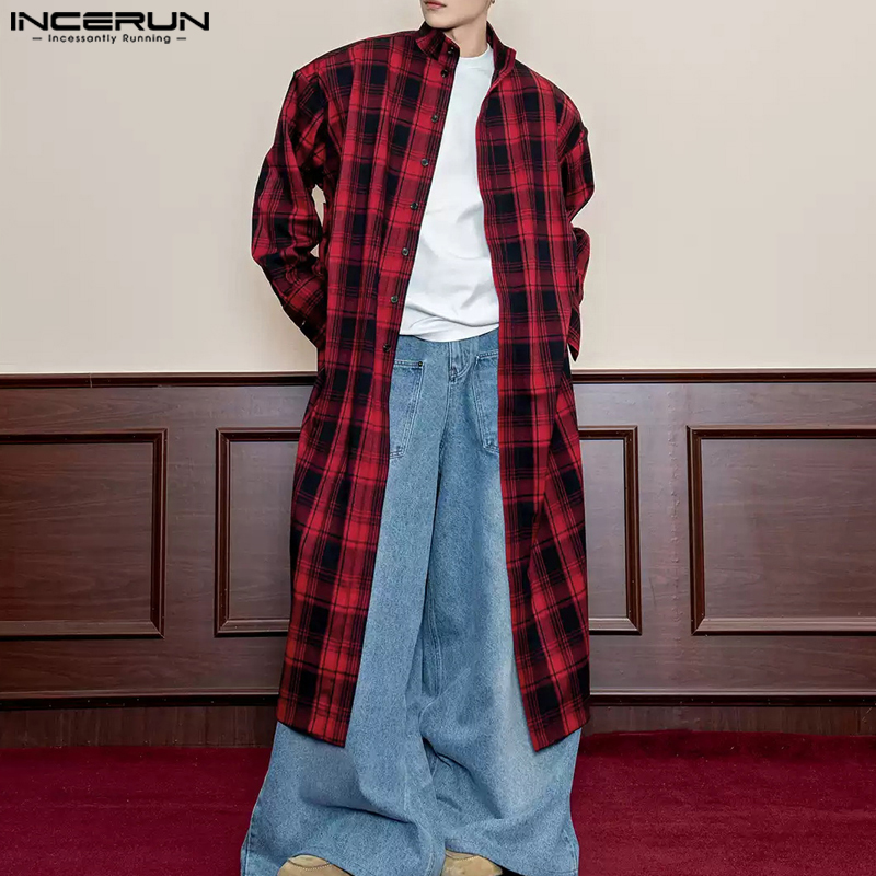 Giáng sinh nam hiệu incerun kiểm tra dài tay in họa tiết đầu nút lên Áo sơ mi dài cần thiết (phong cách Hàn Quốc) #241113