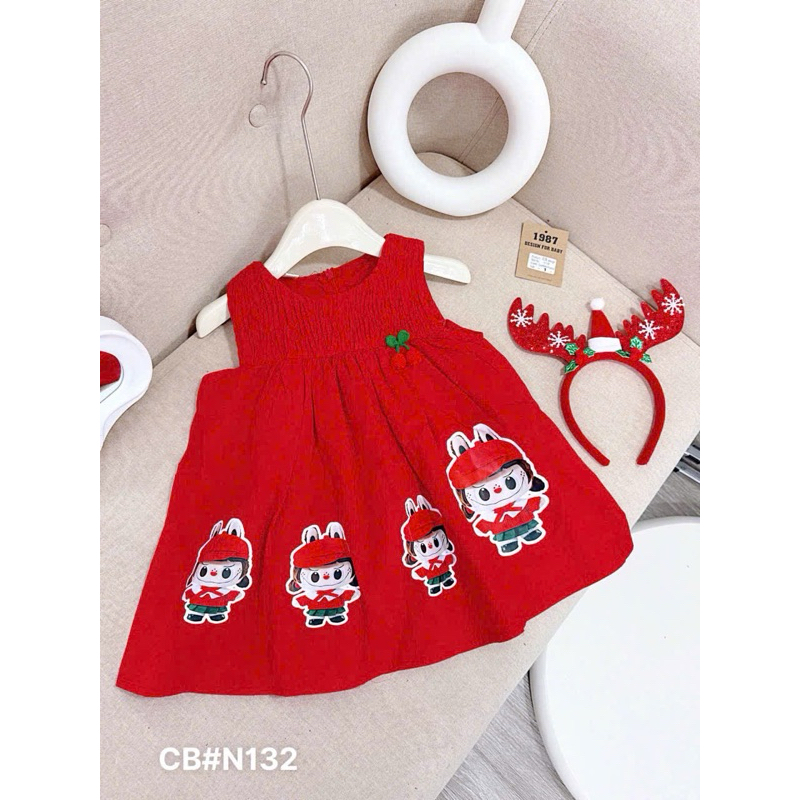 Váy đầm đỏ bé gái N132 váy đỏ sát nách labubu cherry kèm bờm cho bé mặc noel giáng sinh