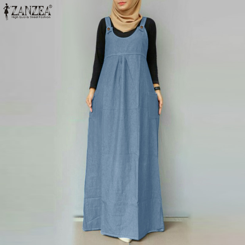 Hijabfab ZANZEA hồi giáo ĐẦM cho phụ nữ hồi giáo thời trang mới không tay váy denim thường ngày Loose A-line sundress