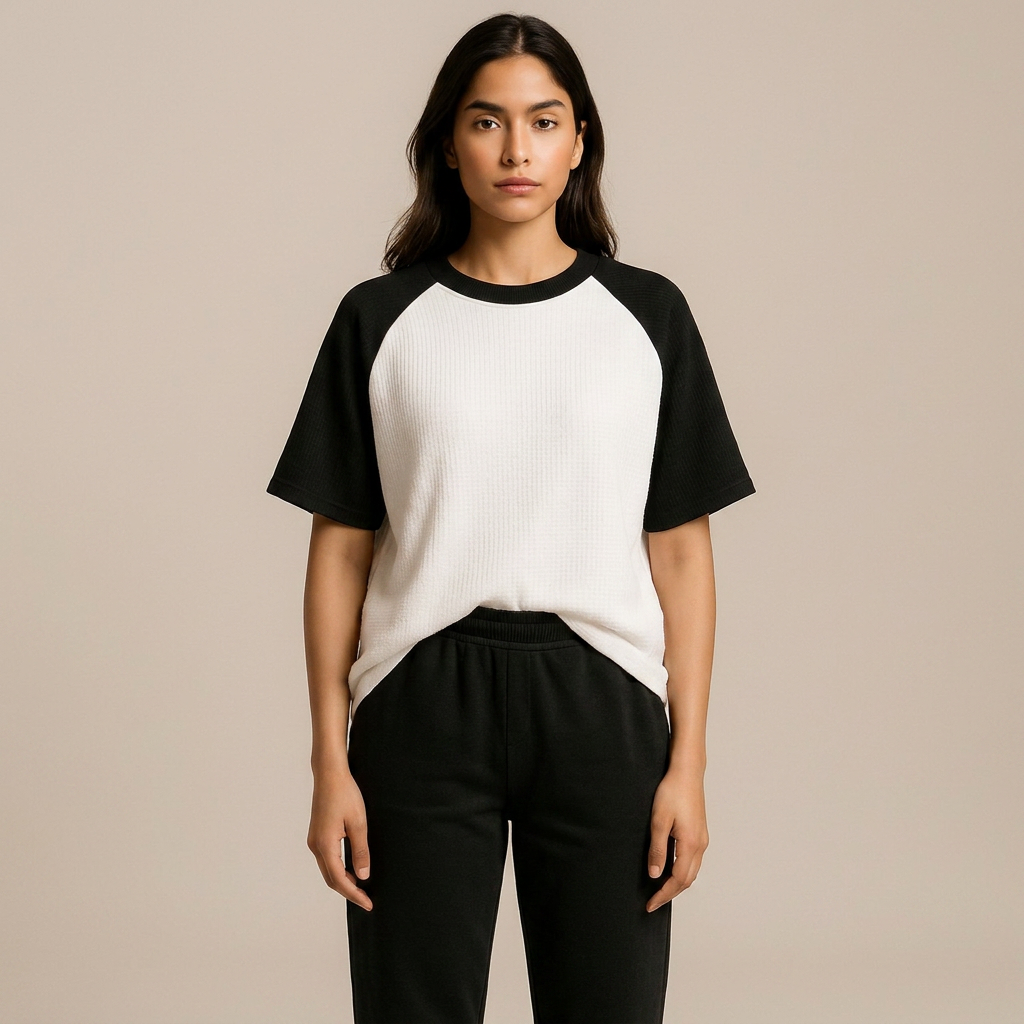 T-Shirt for Women Oversized Womens Vintage Clothing Waffle Knit Color Block Tshirts Stylish Design Sophisticated Style