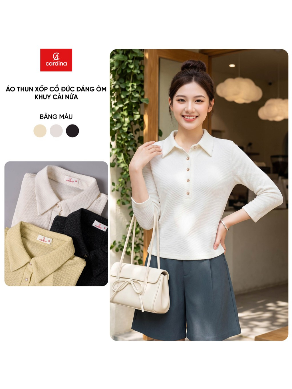 Áo thun nữ CARDINA chất liệu thun xốp cổ đức dáng ôm khuy cài nửa  6AKD02