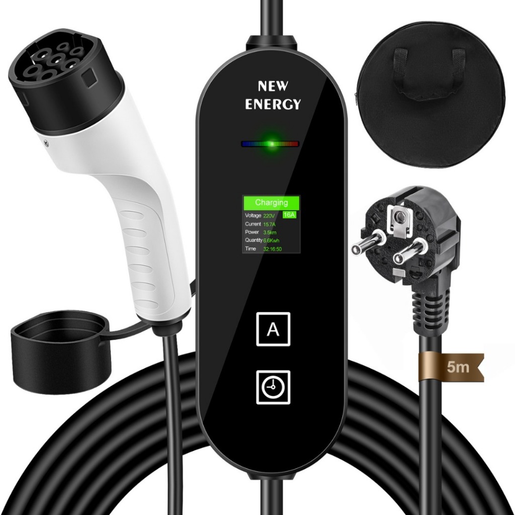 NEWENERGY EV Charger Mobil Listrik EV LCD Color 16A 3.5kW Eu to Type 2 8A 10A 13A 16A 1760 Watt Portable Compact Charge Tanpa Grounding IP66 Tahan Air Dan Debu 5 Meter Eu Charging Gun BYD Denza Wuling Cherry Hyundai MG VinFast Aion Xpeng Kia Geely Toyota Harga 1,104,488 rupiah*Gratis Ongkir
