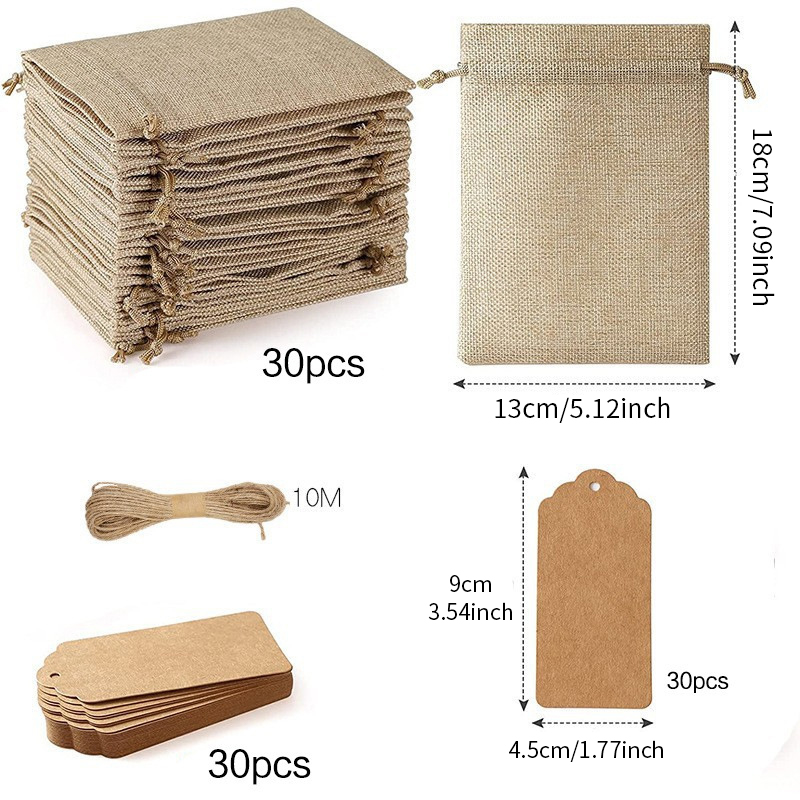 30-Piece Linen Gift Pouches with Drawstring Closure Kraft Labels & Linen Strings – For Weddings Parties & Jewelry