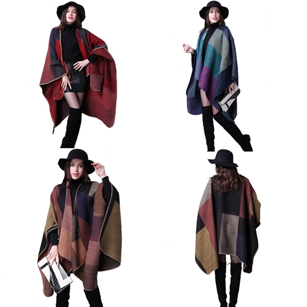 Okdeals ấm áp áo choàng nữ không tay Khăn quàng cổ Cashmere Poncho Khăn choàng quấn chắp vá kẻ sọc chăn áo choàng