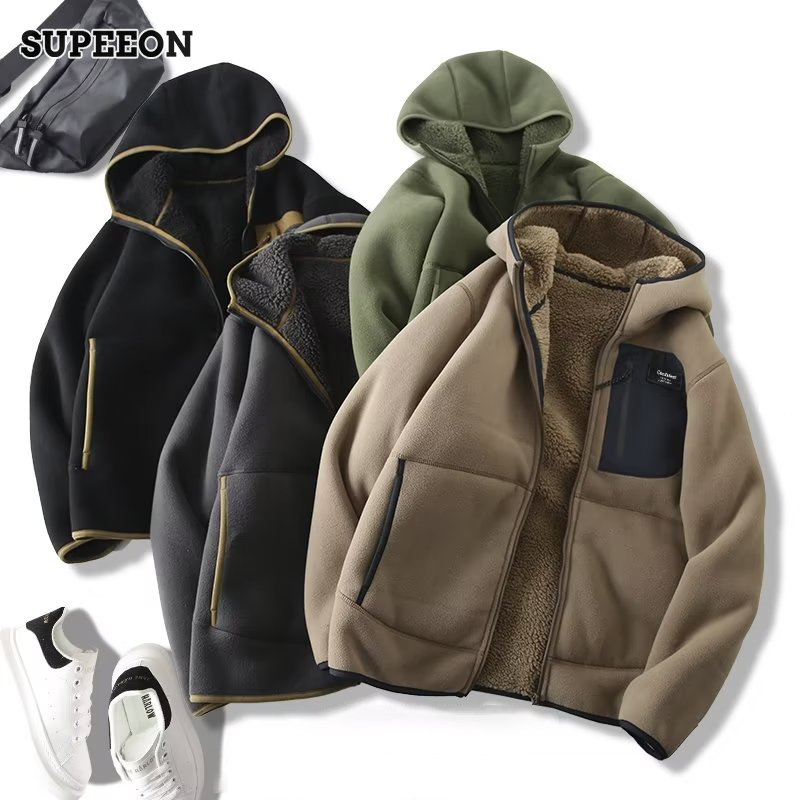 SUPEEONMỹ áo khoác Jacket lông cừu nam có mũ trùm đầu ấm áp mùa đông Áo len đan vai bông