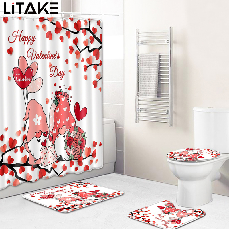 4 Pcs Valentine's Day Shower Curtain Sets With Rug, Toilet Lid, Non-Slip Rug, 6 Hooks Red Love Heart Bathroom Set For Valentine's Day Bathroom ราคา 532 บาท*ส่งฟรี