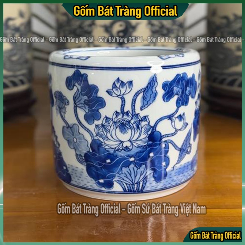 Bát hương Bát Tràng men lam vẽ hoa sen, Bát nhang, Lư hương thờ cúng họa tiết hoa sen vẽ tay cao cấp